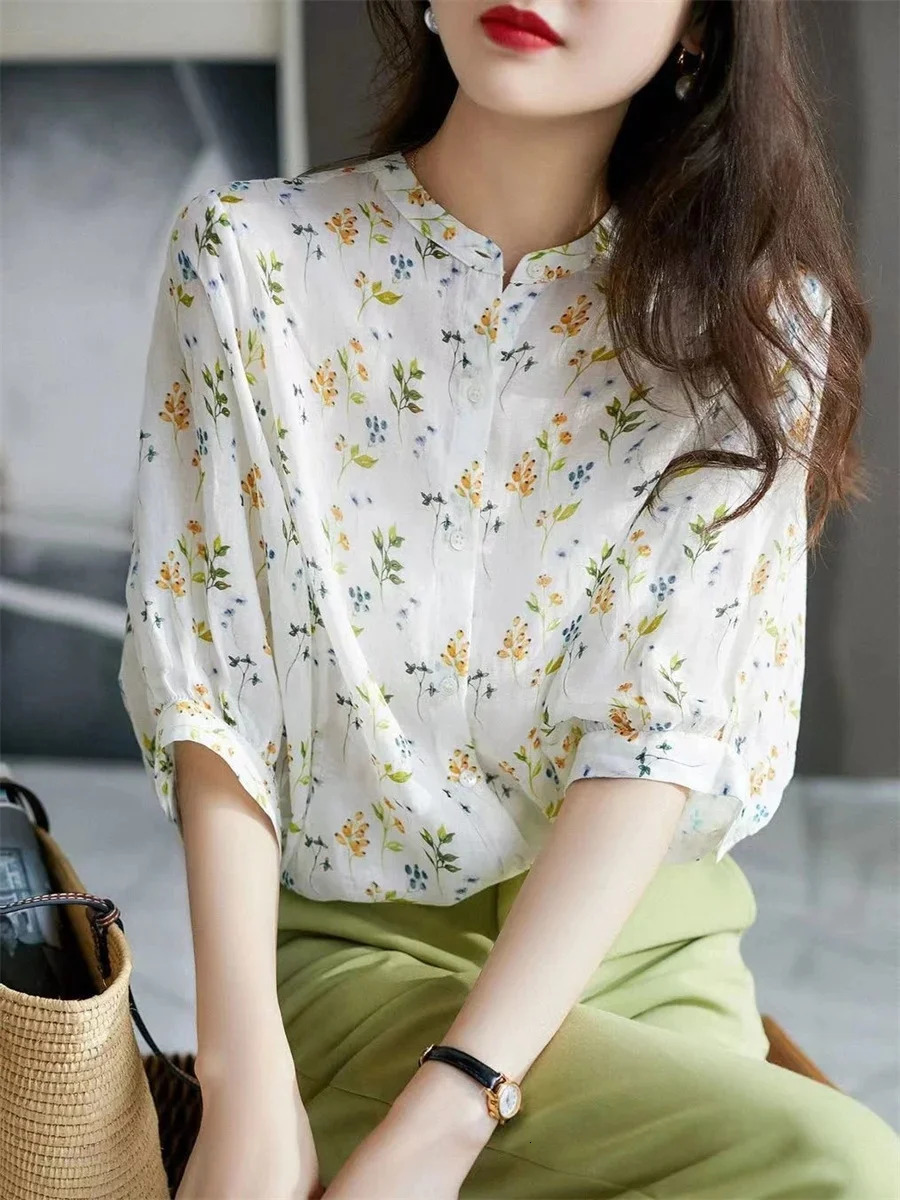 Women Summer Style Blouses Tops Lady Casual Short Puff Sleeve Stand Collar Flower Printed Blusas Tops 250708