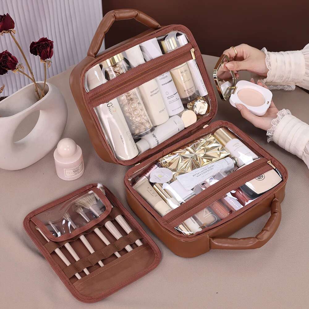 Large Capacity PU Grid Melody Women's Cosmetic Storage Box Portable Travel Makeup High-End Feel Multi-Compartment Wash Bag
