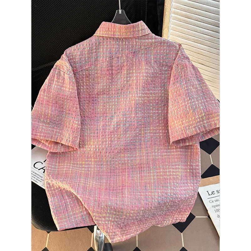 Short Sleeve Shirt Men Japanese Retro Summer Casual Loose Solid Plaid Coats Versatile Seersucker Ice Silk Tops 250707