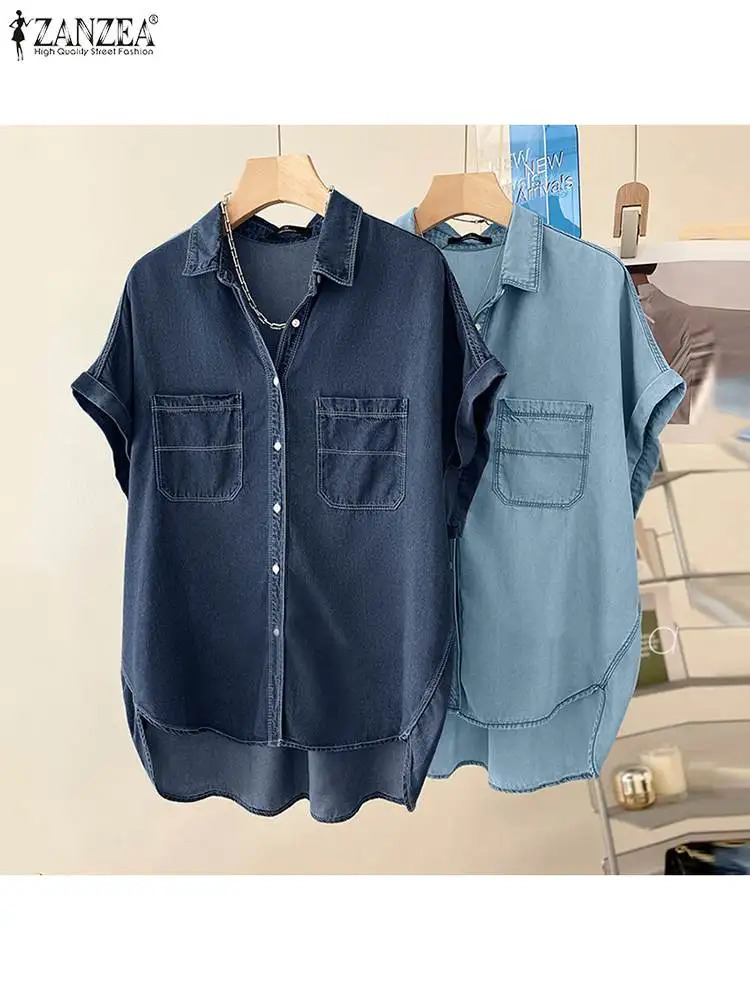 ZANZEA Women Demin Blue Blouse 2024 Elegant Short Sleeve Casual Solid Loose Tops Tees Summer Button Up Lapel Oversized Blusas 250704