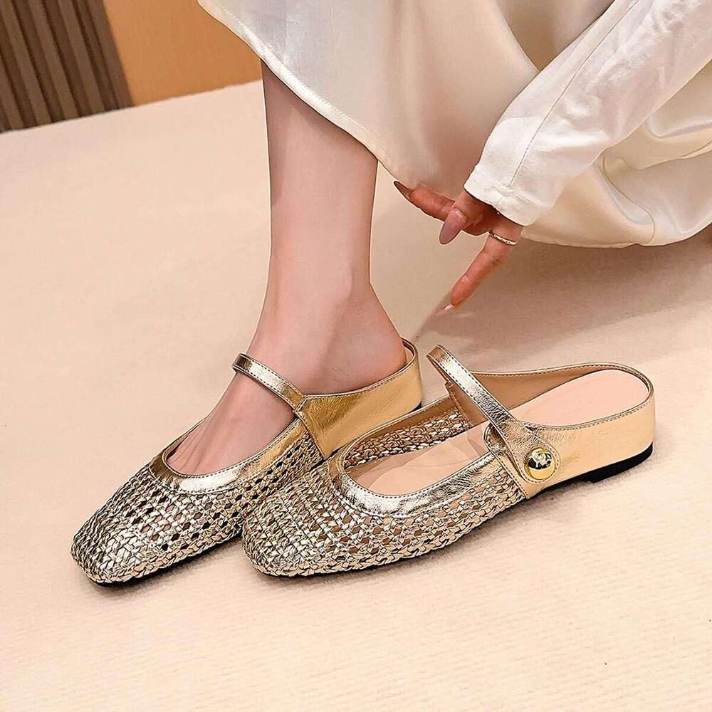 796-19 Square Toe Woven Hollow Breathable Hidden Heel Backless Single for Women Spring Summer One Strap Casual Flat Shoes