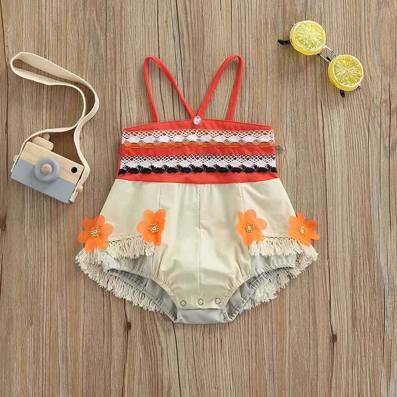 0-24M Toddler Baby Girls Romper Summer Princess Moana Flower Tassel Patchwork Sleeveless Jumpsuit Beachwear for Infant Girls Z250712