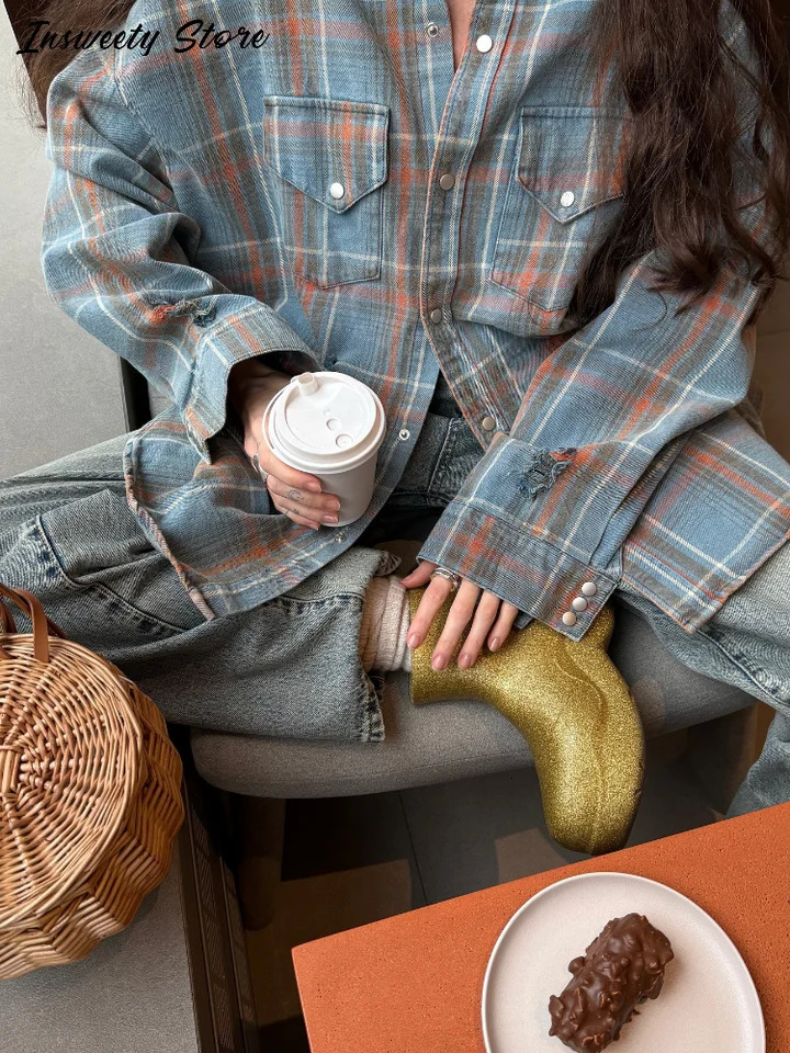 Denim Plaid Shirt Coat Womens Loose Single Breasted Turndown Collar Full Sleeve Tops 2025 Spring Ladies Fashion Streetwear 250704