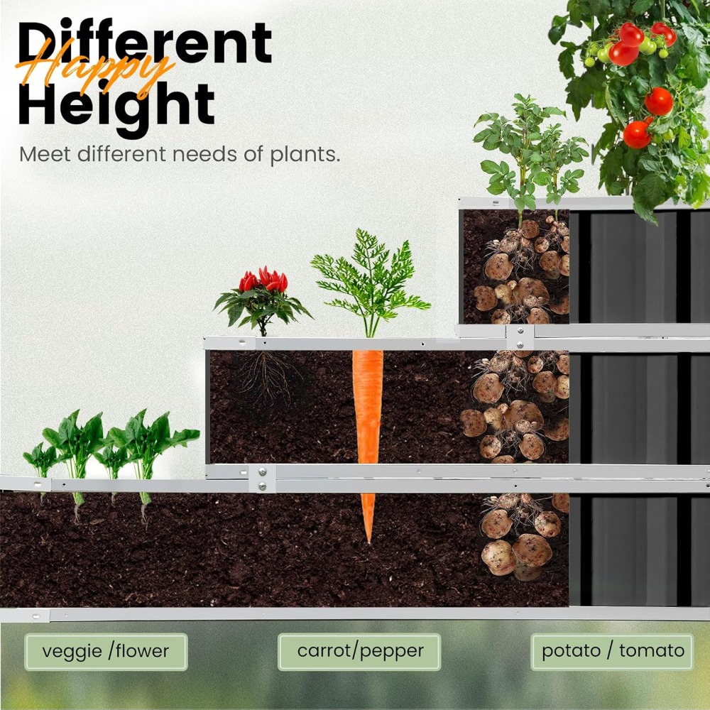 3 Tier Raised Garden Bed Outdoor Metal Patio Planter Box with Gloves, 4' x 4' x 2' for Backyard, Patio to Grow Vegetables, Herbs