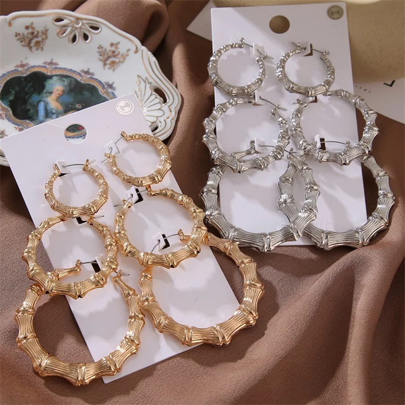 FNIO Statement Gold Color Big Bamboo Circle Hoop Earrings For Women Hip Hop Earrings set Classic Jewelry 3pcs/set 250708