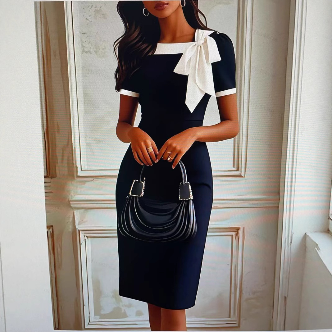 2025 Summer New Women's Skirt New Round Neck Bow Color Block Slimming Dress Splicing Fashion Party Dress New Luxury Designer Women's Skirt