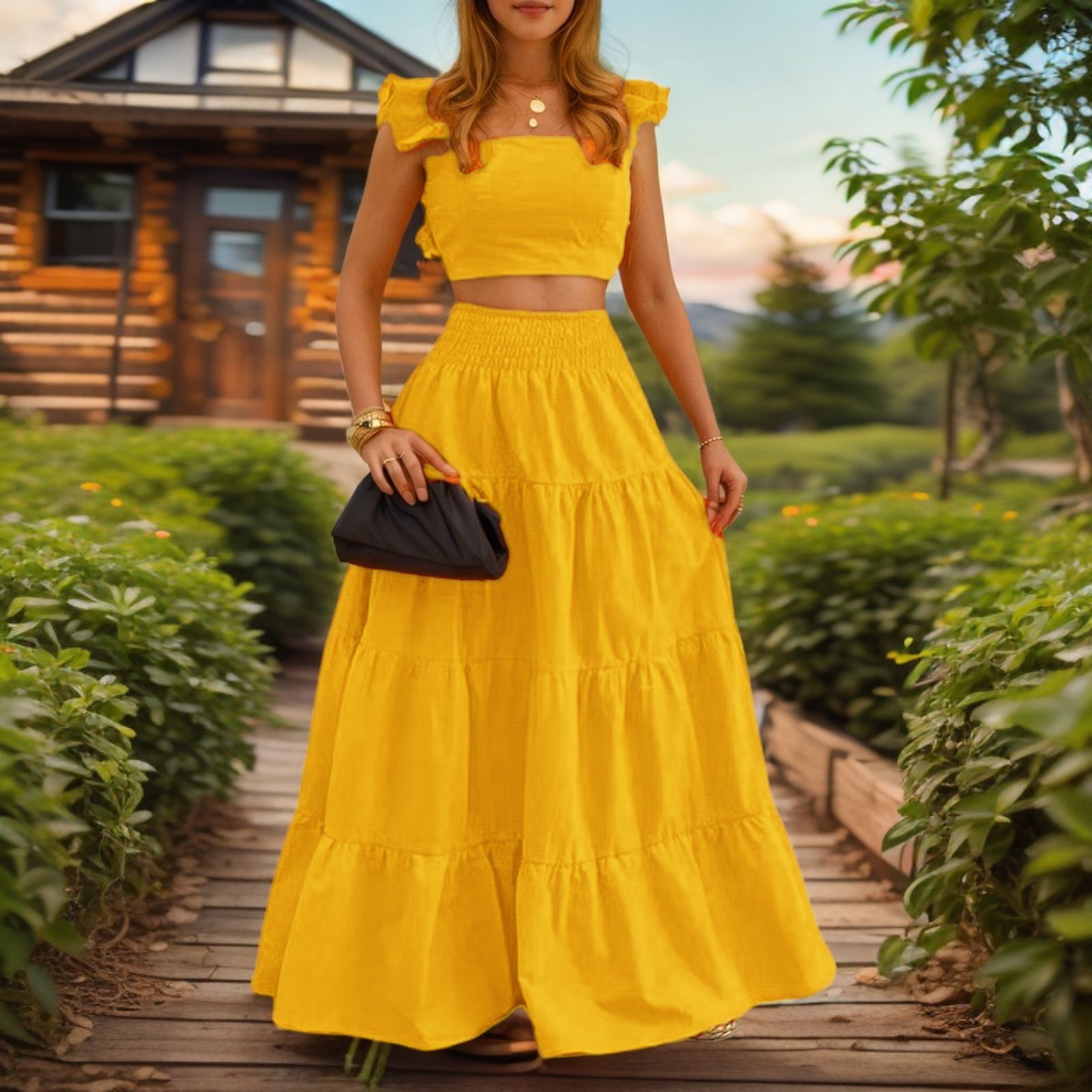 2025 Summer New Women's Skirt Solid Color Sexy Style Ruffle French Strap Skirt Two piece Fashion Women's Skirt New Luxury Designer Women