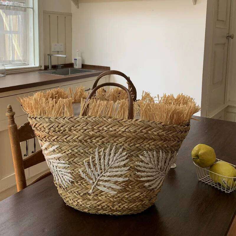 Summer Stripe Tote Straw Women's New Beach Seaside Outdoor Travel Vacation Large Capacity Shoulder Bag Portable Basket