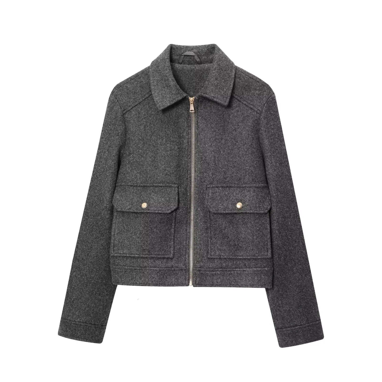MYST ZA2025 arrivals Womens wear Classic all-match solid color pocket zipper cardigan straight short lapel tweed jacket 250709