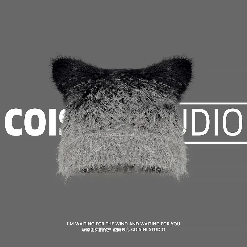 Fashion Gradual Change Color Pullover Beanies Cap Y2K Autumn Winter Leisure Warm Personality Cat Ear Knitted Hats Women 250712