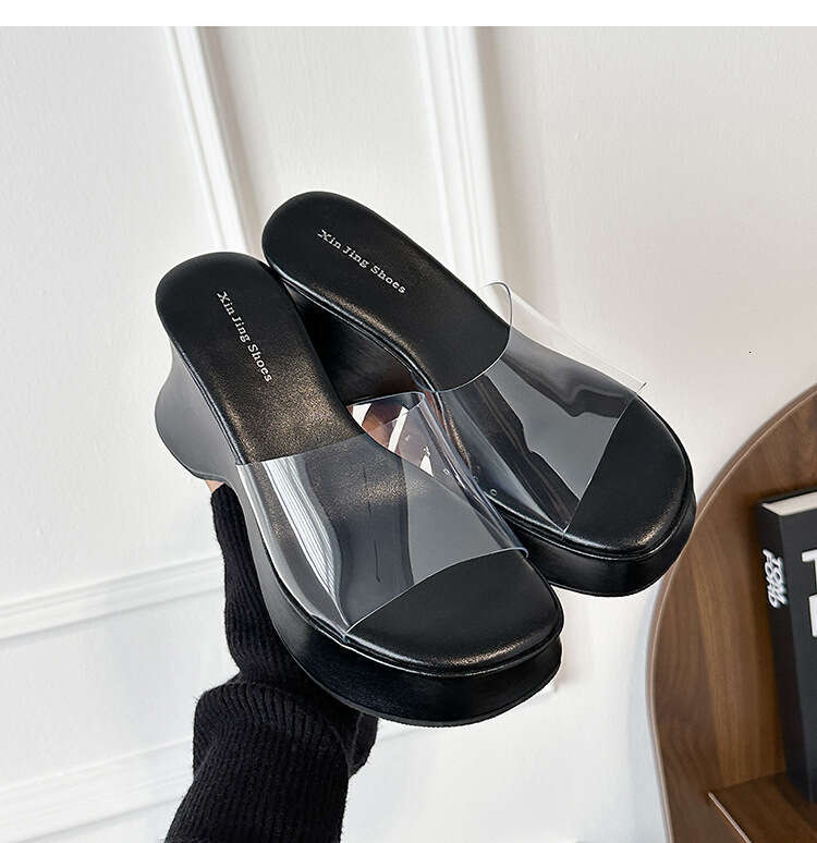 XJ-2 High Heel Thick Sole One-Strap for Women, New Style, Height Increasing, Petite, Transparent Waterproof Platform Sandals and Slippers
