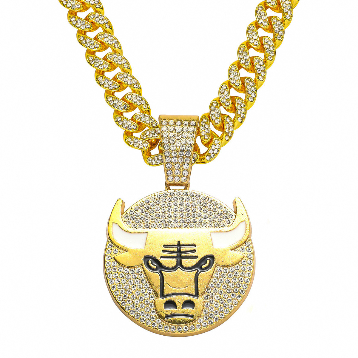 Luxury Jewelry Designer Jewelry Hip-hop Style Full Diamond Bull Head Pendant Zinc Alloy Large Buckle Necklace Men's Street Dance Trend Necklace A