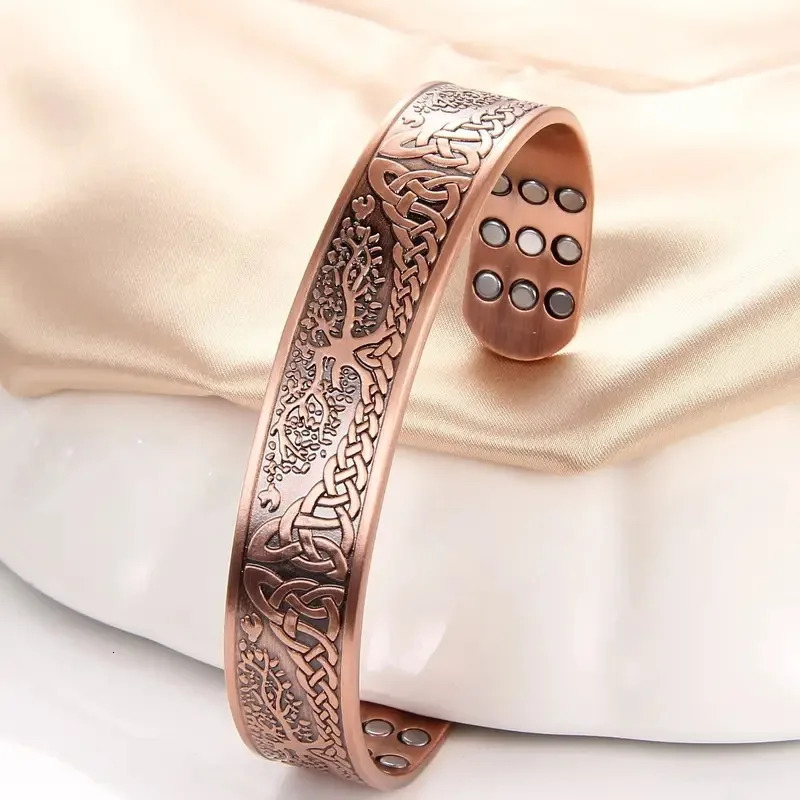 Pure Copper Cuff Bracelet Bangle Tree of Life Carving Magnetic Bracelets For Men With 3500 Gauss Magnets Adjustable Size 250712