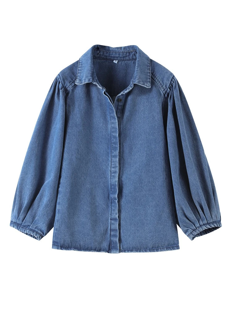 Street Denim Womens Shirt Solid Puff Half Sleeve Single Breasted Pleated Blouses Female 2025 Spring Summer Allmatch Streetwear 250704
