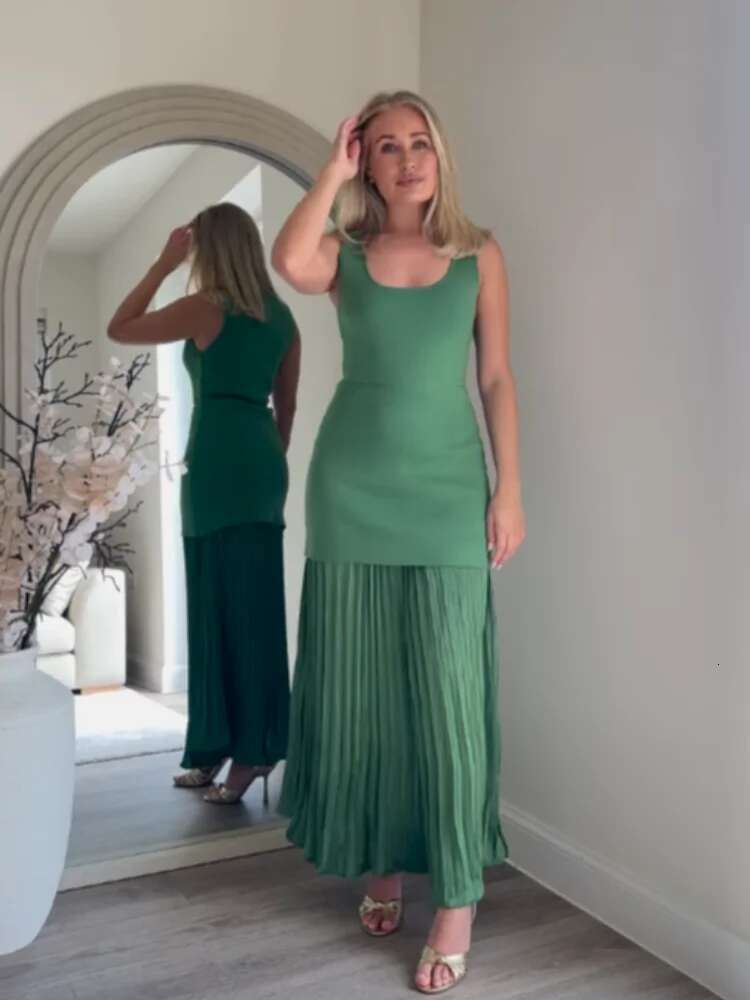 Chic Green Knitted Patchwork Pleated Midi For Women Holiday Sleeveless O-neck Party Long Dress Evening A-line Vestidos