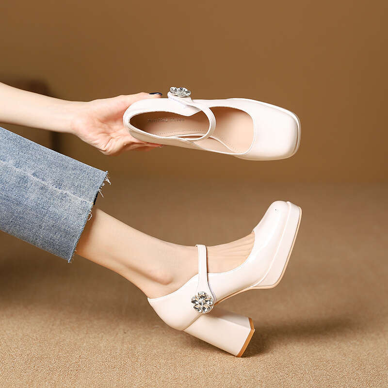 3359-15 French Style One-Strap Flower Buckle High Mary Jane for Women New Waterproof Platform Square Toe Chunky Heel Women's Shoes
