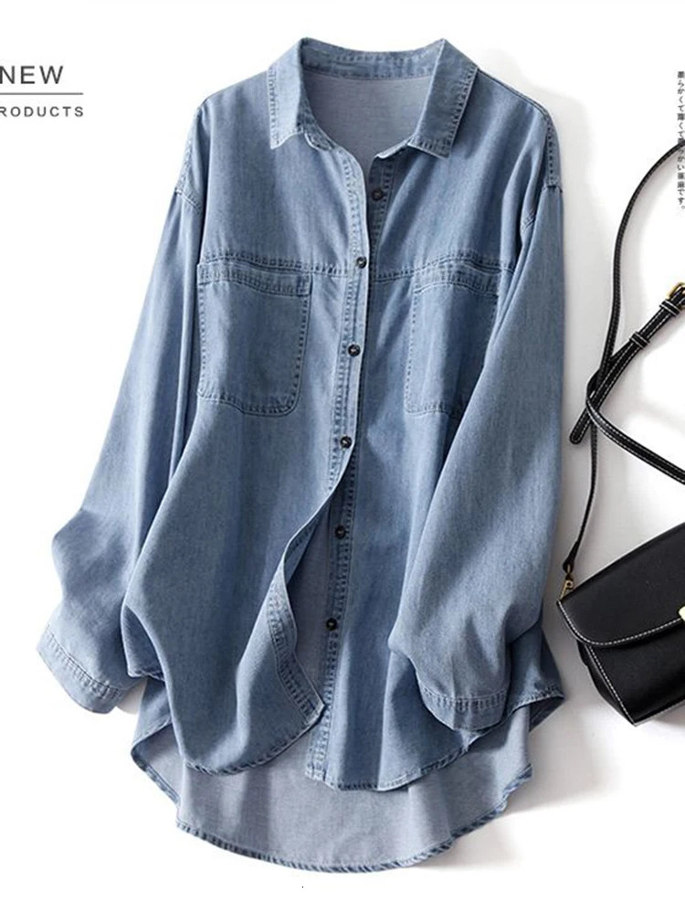 100 Cotton Women Denim Shirts Loose Vintage ned Female Jeans Long Sleeve Blue Casual Streeetwear Tops 250704