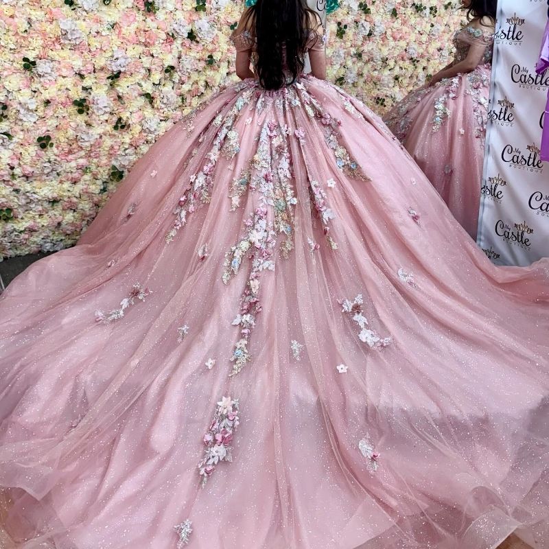 Pink Shiny Sweetheart Quinceanera Dresses Off Shoulder Applique Flower Beading Crystal Tull Sweet 16 Dress Vestidos De 15 Anos