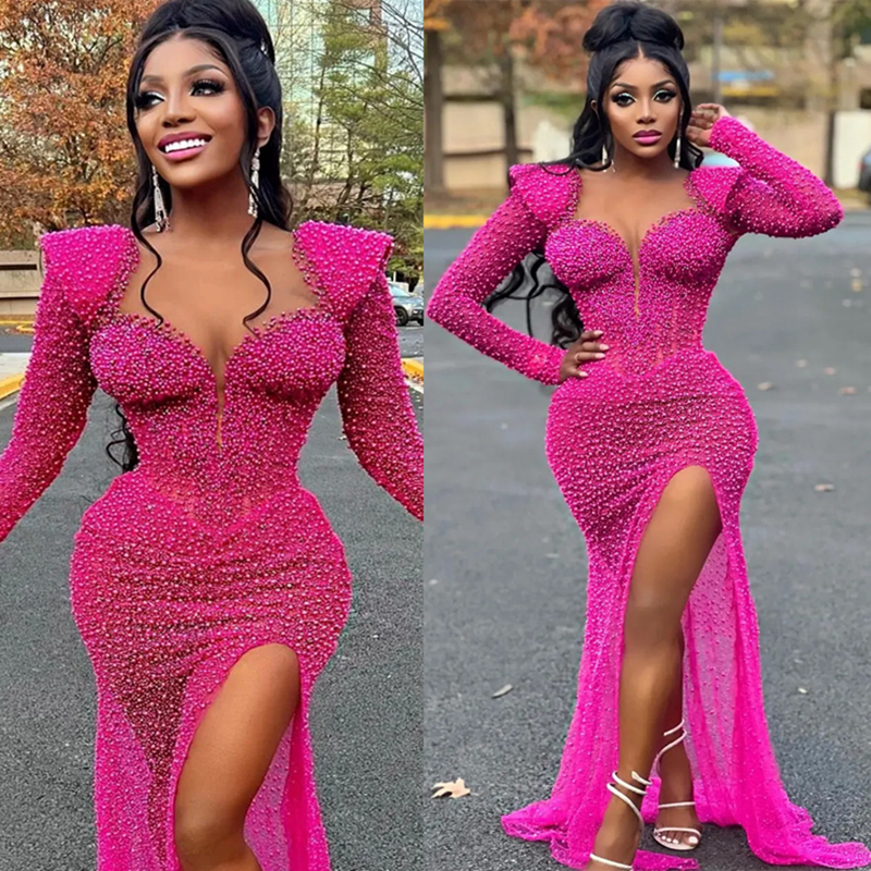 2025 Fuchsia Aso Ebi Prom Dress African Mermaid Prom Dresses Evening Formal Gowns Jewel Side Split Pearls Sequined Lace Birthday Dress Second Receptio