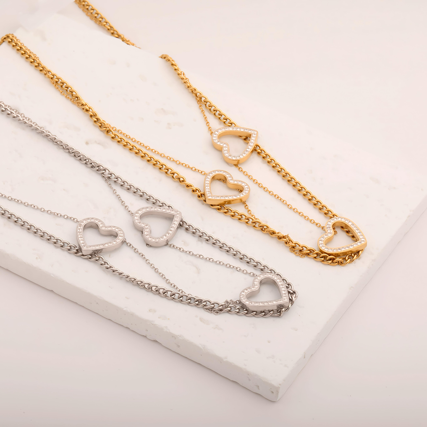 Luxury Jewelry Designer Jewelry European And American Light Luxury Style Inlaid Diamond Hollow Heart Double Layer Stacked Necklace For Women High-end 