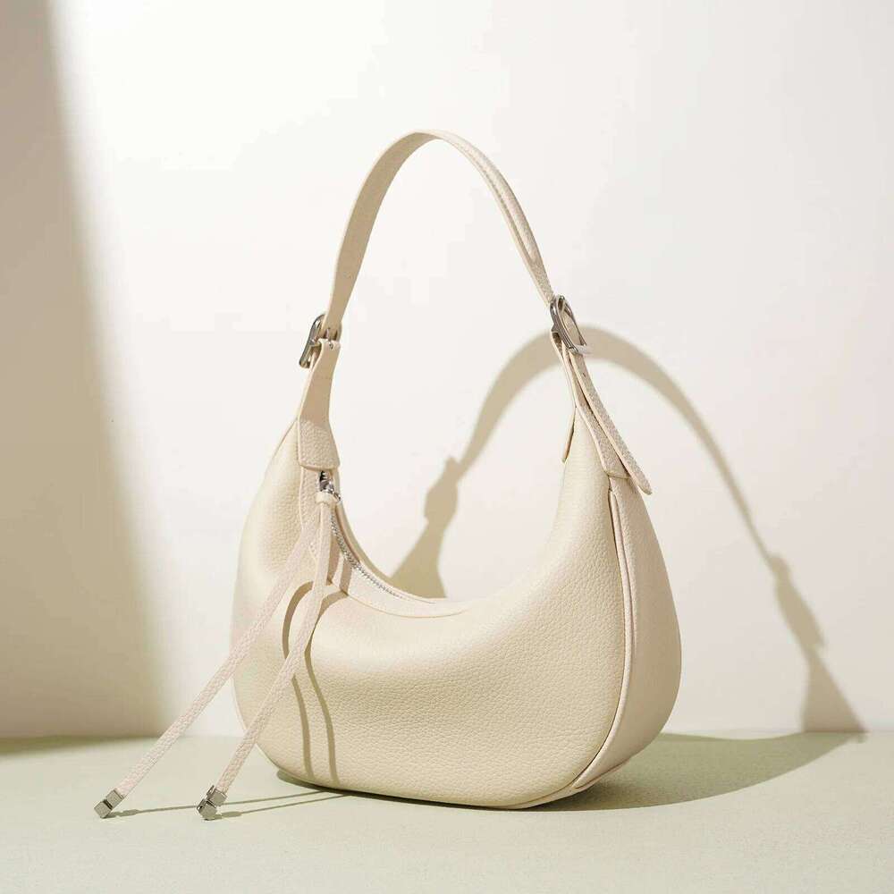 Design Genuine Leather Women Underarm Shoulder Handbag Lichee Cowhide Female's Handle Tote Crossbody Bag Moon Purse