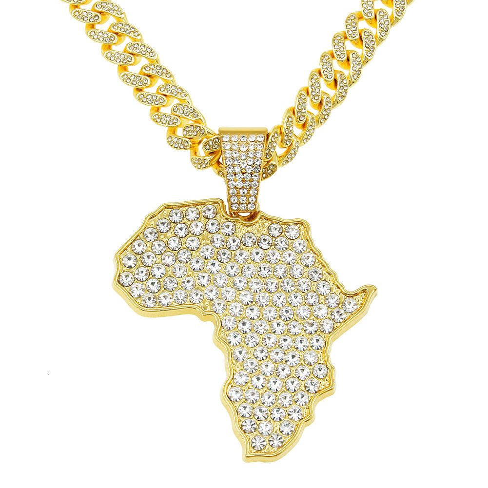 Luxury Jewelry Designer Jewelry European And American Hip-hop Personality Full Diamond Large Map Pendant Necklace Miami Chain Trendy Punk Collarbone C