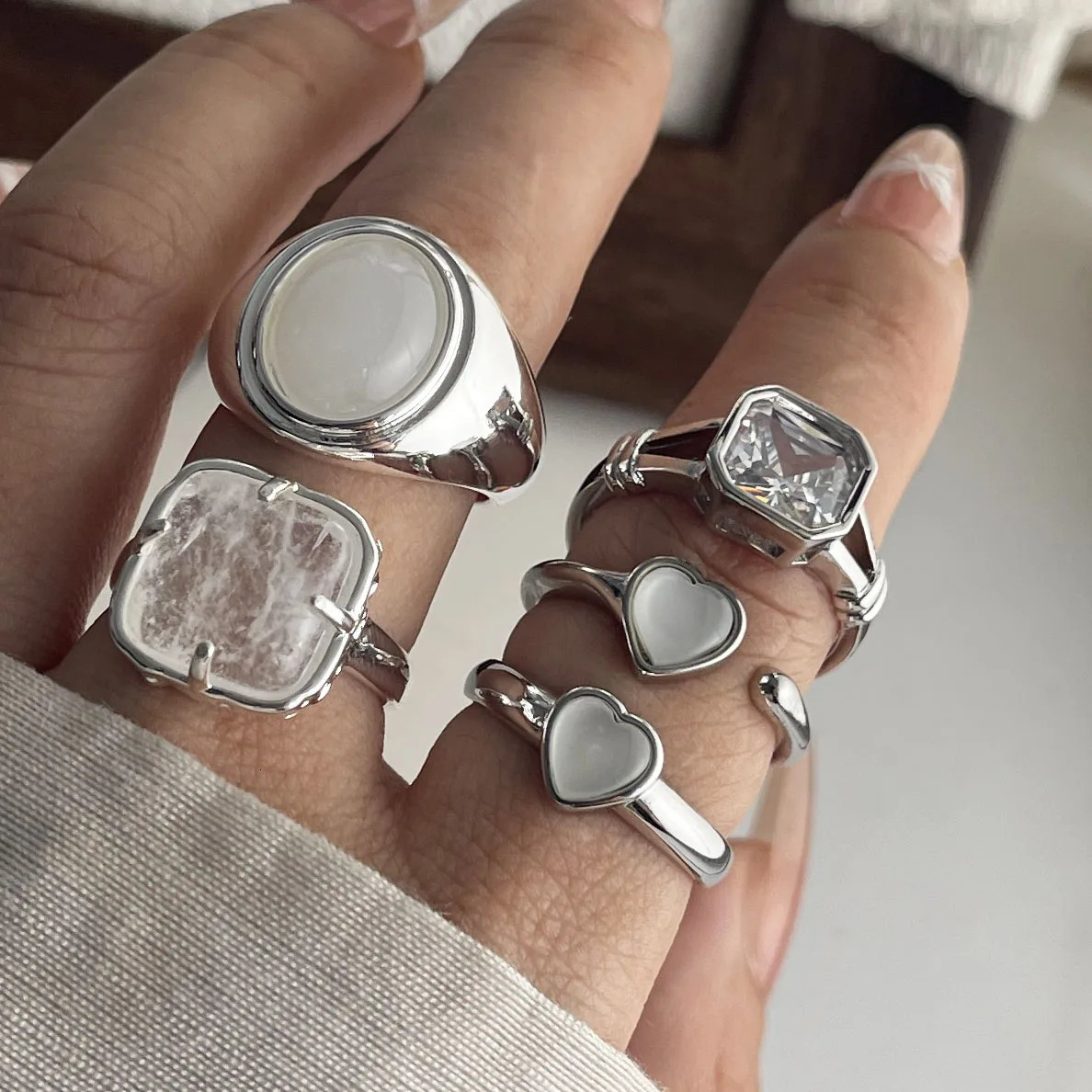 925 Sterling Silver Rings for Women Couple Minimalist Handmade Oval White Stone Ring Fine Jewelry Gift Prevent Allergy 250708
