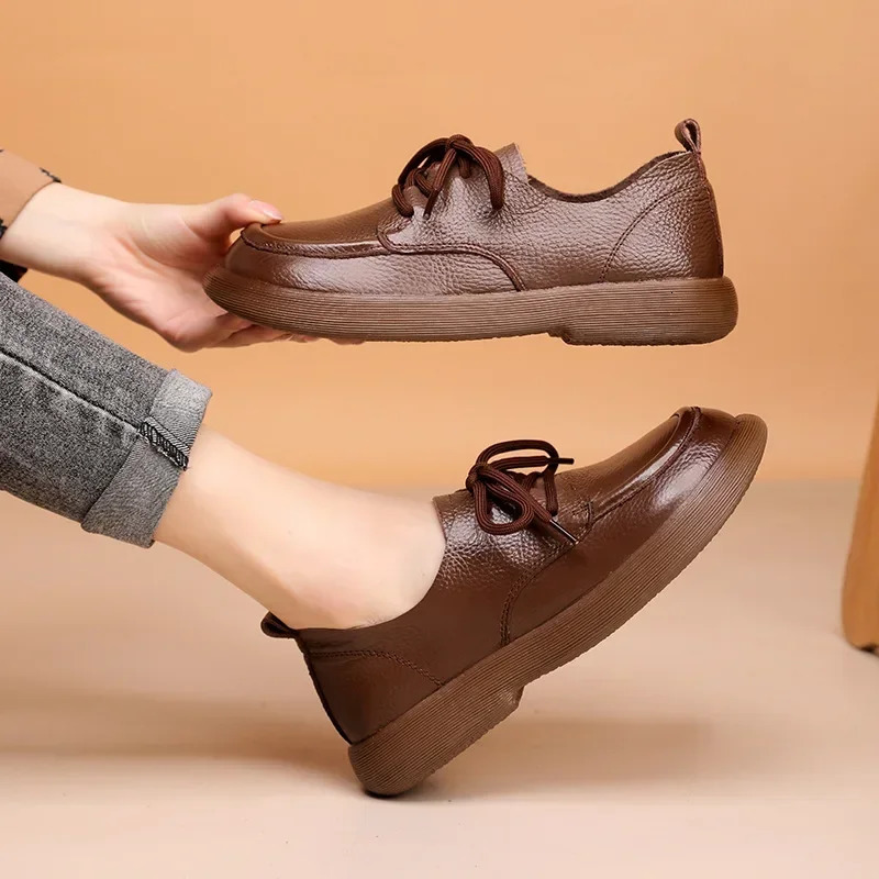 Spring Women Shoes Genuine Leather Retro Fashion Loafers Soft Bottom British Comfortable Lace Up Anti Slip Casual Shoes 2025 250707