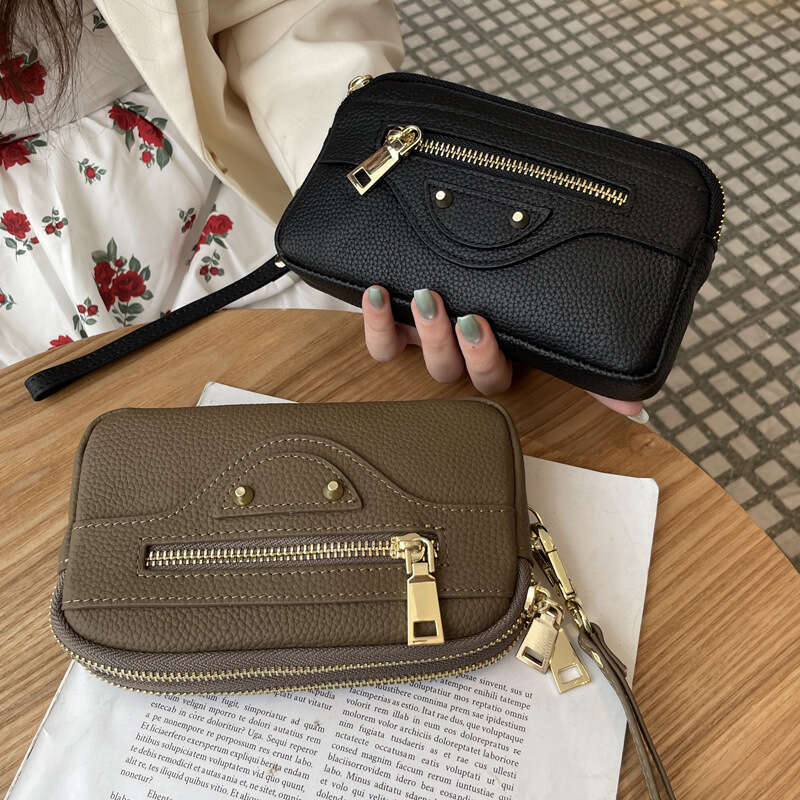 Top Layer Cowhide Women's Clutch New Motorcycle Bag Large Capacity Double Zipper Phone Holder Genuine Leather Handbag