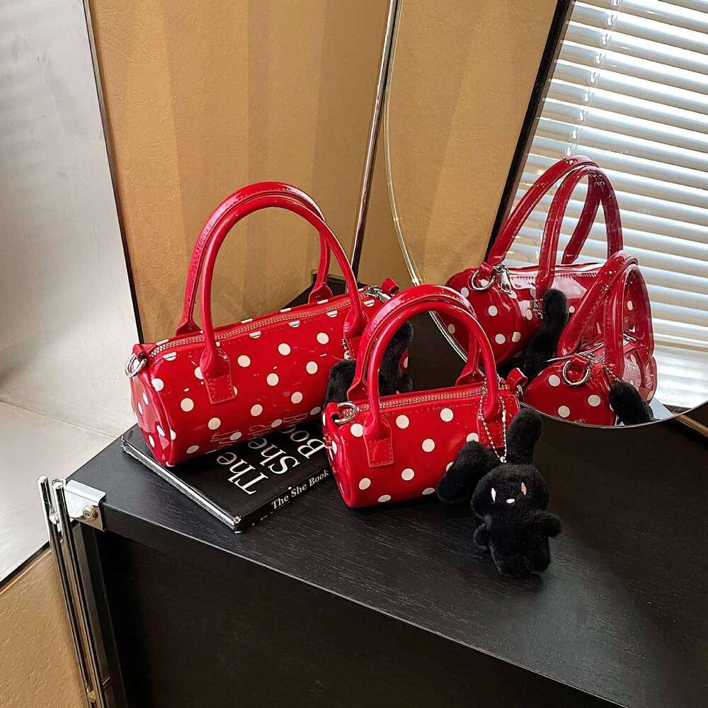 2025 New Cute Polka Dot Hand-Held Cylinder Fashionable High-End Shoulder Niche Design Commuting Crossbody Boston Bag