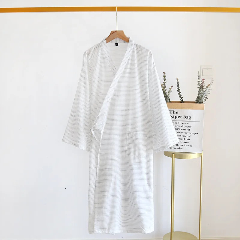 Spring And Summer Style Japanese Kimono Mens Bathrobe 100%Cotton Striped Nightgown Plus Size Yukata Home Sweat Steaming Set 250710