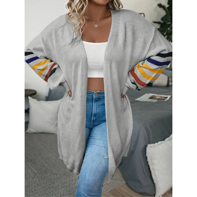 Plus Size Womens Fashionable Sleeve Striped Print Comfortable Elastic Hem Long Cardigan 250710