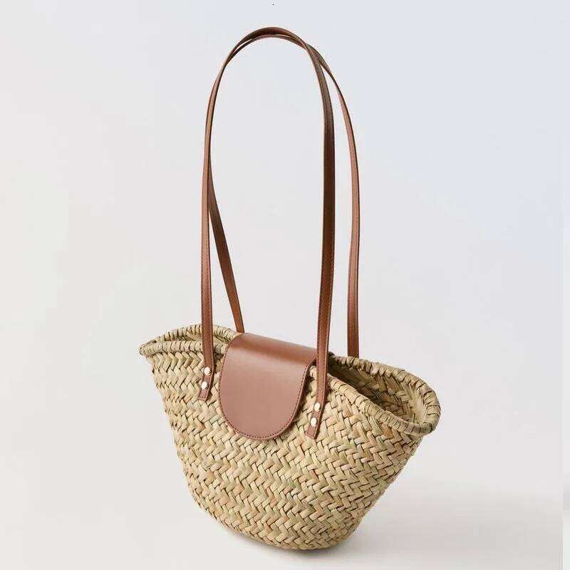 Natural Shoulder Grass Woven New PU Splicing Vacation Beach Versatile Rattan Bag