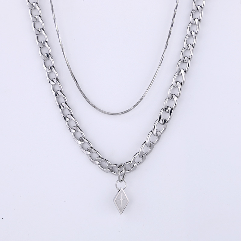 Luxury Jewelry Designer Jewelry Double Layer Cross Rhombus Pendant Necklace Hip Hop Layered Long Choker Men Versatile Simple Titanium Steel Women Tren