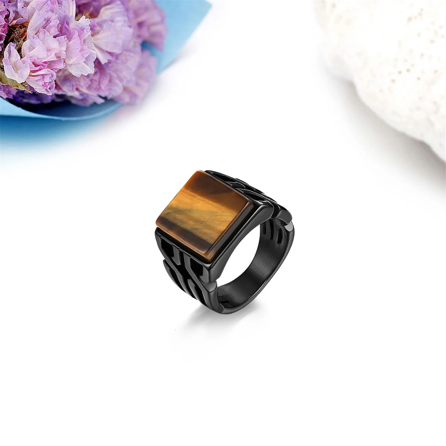 BONISKISS Vintage Mens Ring Tiger Eye Stone Punk Classic Black Color Ring Male Stainless Steel Ring Bijoux Aneis Jewelry Gift 250708