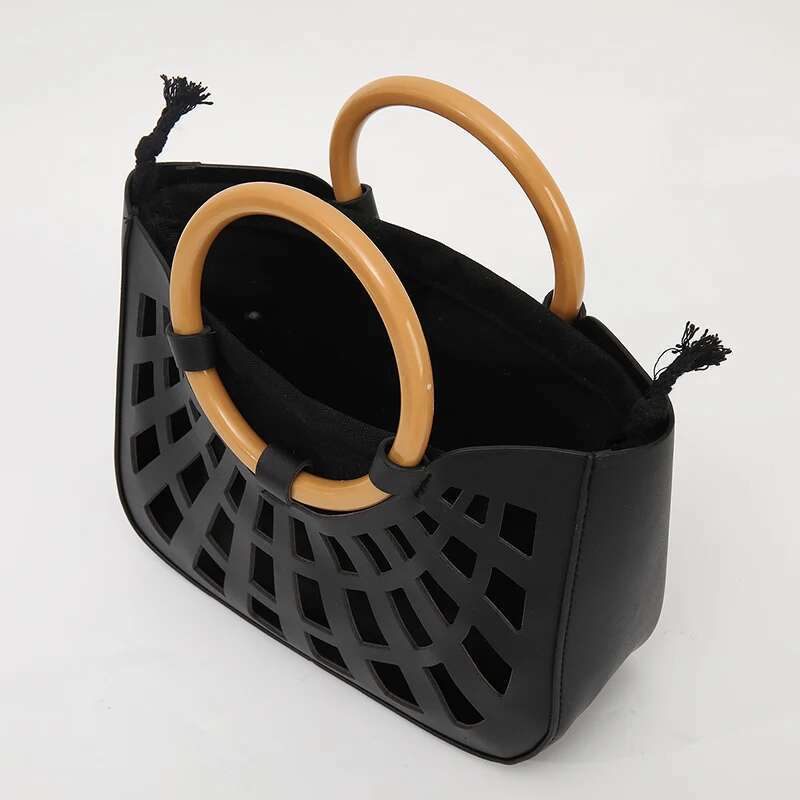 Hollow-Out PU Leather Tote For Women Lightweight Square Handbag With Ring Handle Stylish Commute And Grocery Shopping Bag