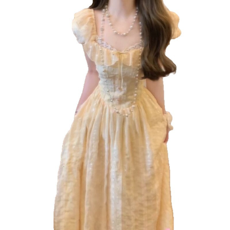 Summer New Women's Skirt Soft Yellow Square Neck Fluffy Sleeve Waist Strap Women's French Sweet Sweet Dress Niche Princess Dress New Luxury 