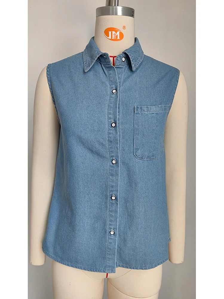 Benuynffy Turndown Collar Sleeveless Denim Shirt Women 2024 Summer Fashion Washed Pockets Casual Button Up Shirts Female 250704