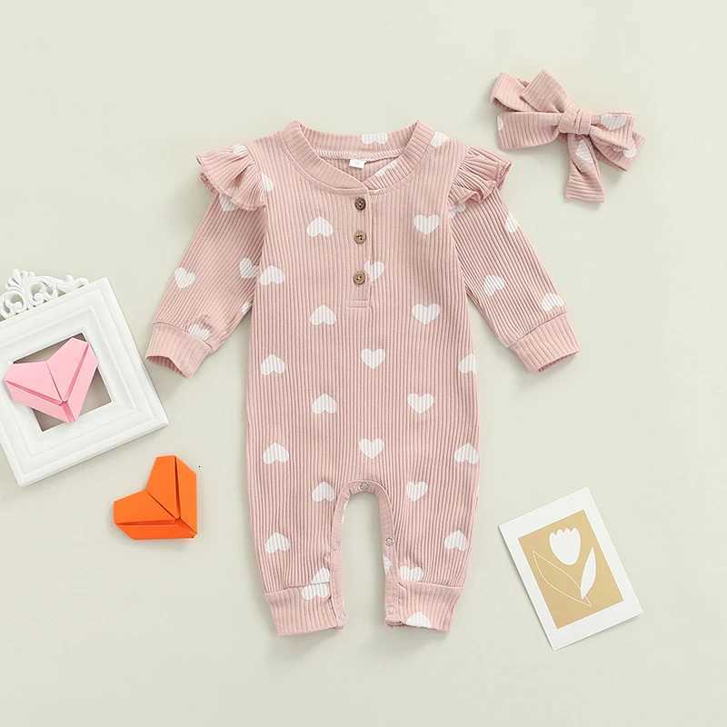 Newborn Baby Girls Valentines Day Romper Ruffle Ribbed Bodysuit Heart Jumpsuit with Headband Valentine Outfits 0-18M Z250712