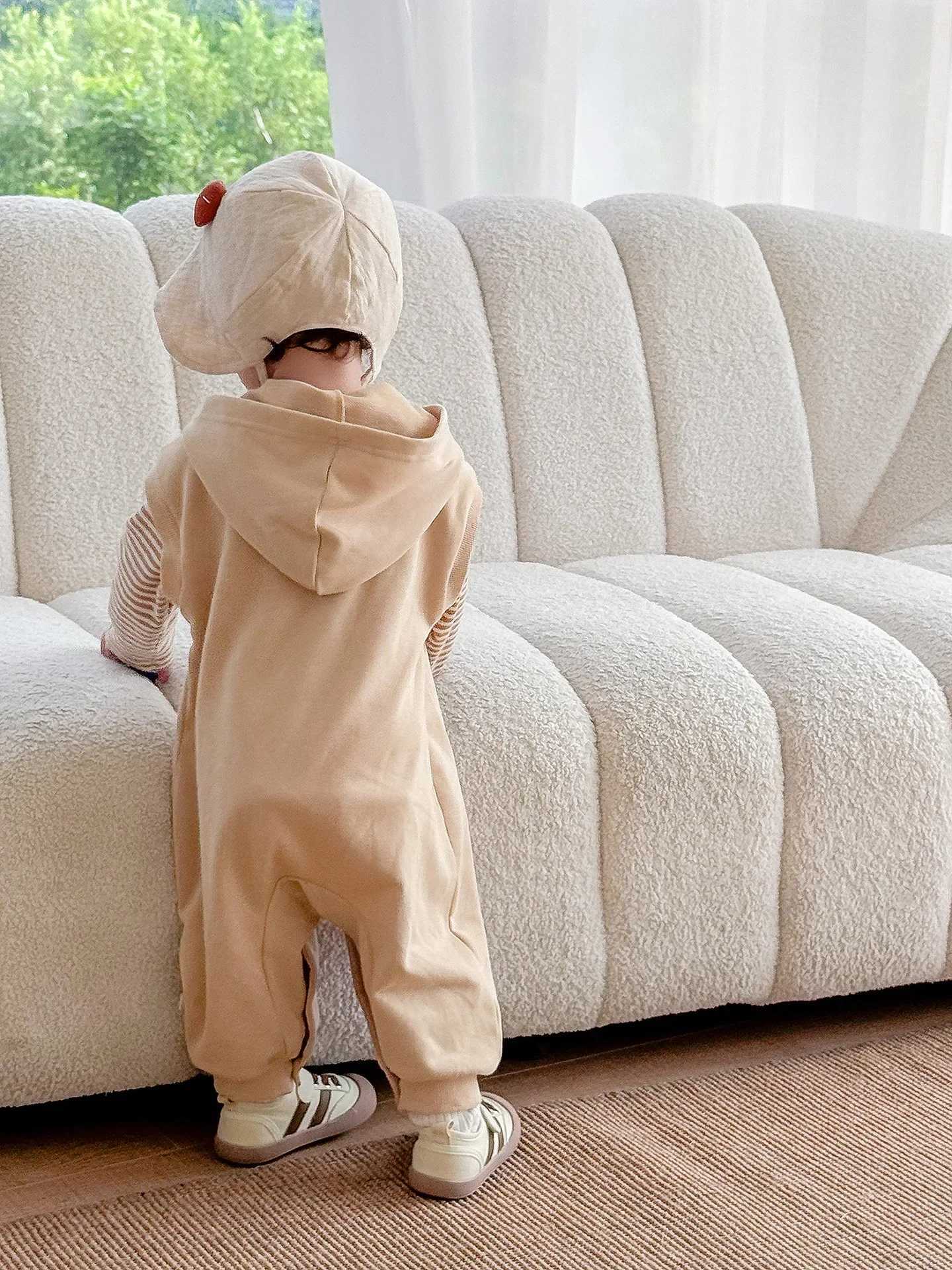 0-2Y Baby Hooded Retro Woodland Romper Fake Two-Piece Striped Mushroom Applique High Cotton Soft Autumn Toddler Jumpsuit Z250712