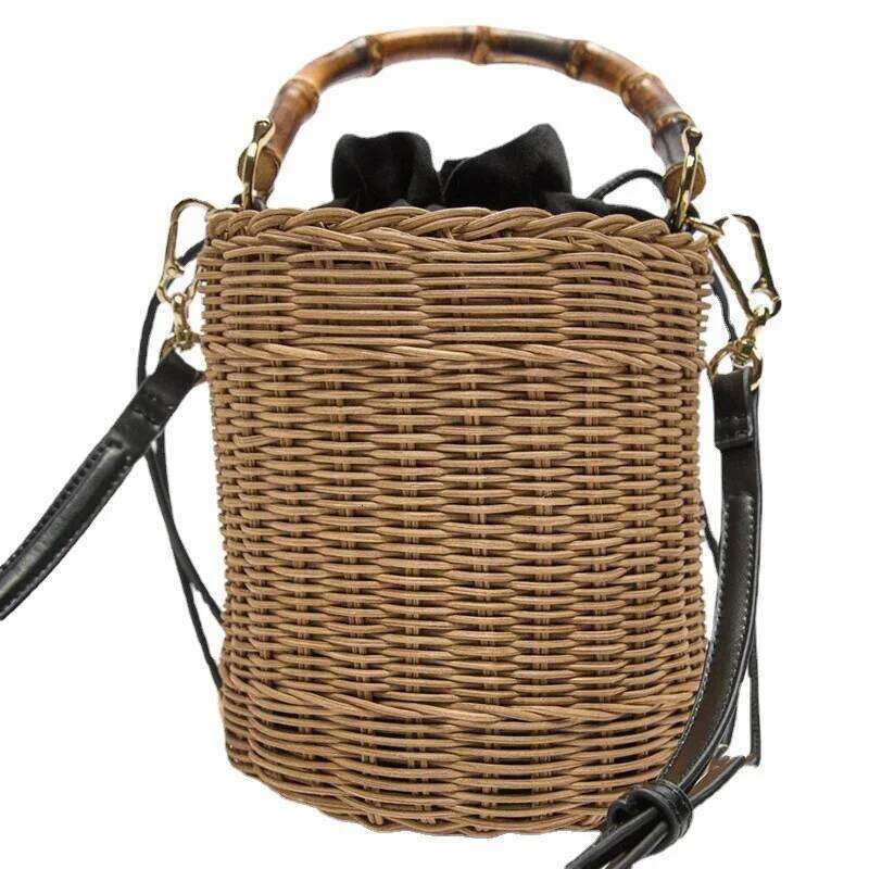 New Women's Bohemian Crossbody Bag Drawstring Straw Woven Bucket Bags Female Rattan Wicker Bamboo Handle Beach Handbags