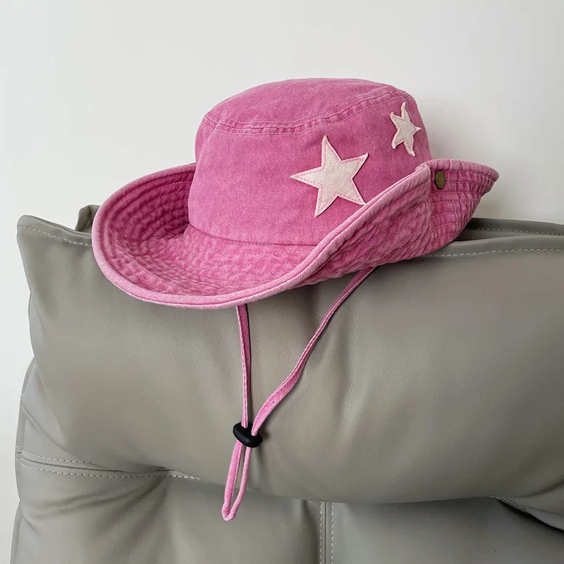 Cute Star Pink Bucket Hats Women Summer Outdoor Camping Sunscreen Western Cowboy Hat Korean Versatile Hiking Caps for Men 250711