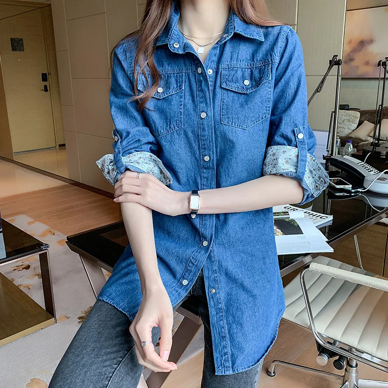 Womens Loose Denim Shirt with Long Sleeves Spring and Autumn Thin Top Mid To Length Jacket Outer 11968 250704