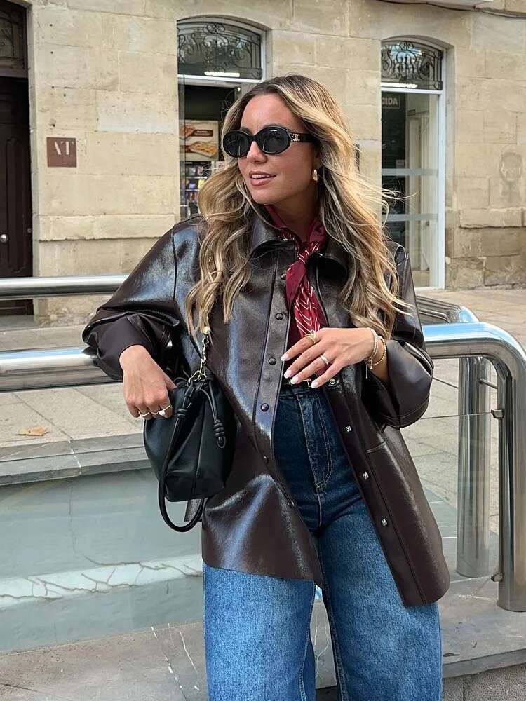 Solid Leather Bomber Jacket For Women Y2k Lapel Single Breasted Motorcycle Coat Female Autumn New Fashion Lady Chic Tops