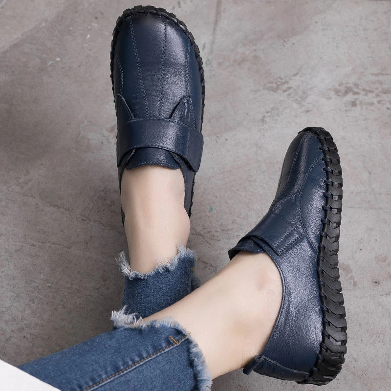 Genuine Leather Shoes For Woman Autumn Flats Female Hook Loop Orthopedic Shoes Big Size 42 Womens Loafers Ladies Blue Moccasins 250707