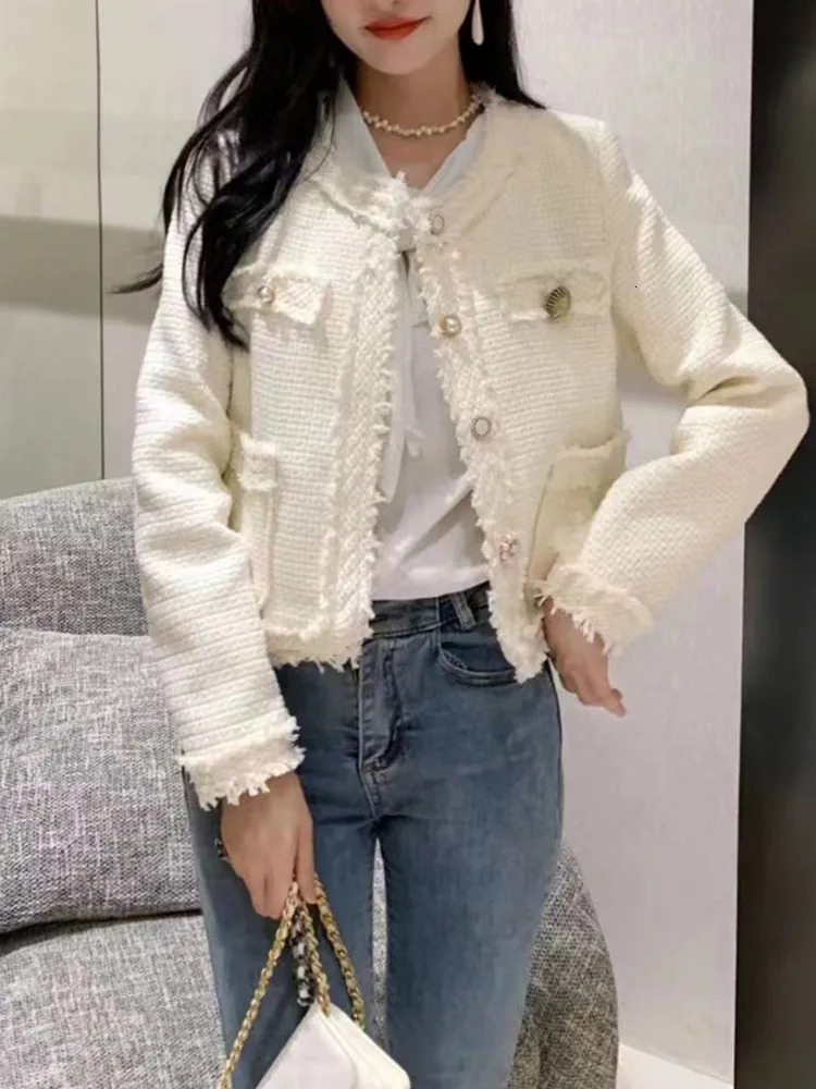 HMA Korea Chic Elegant Tweed Jacket Woman Fall Button Up O-Neck Tassel Coat Female Full Sleeve OL Jacket 250709