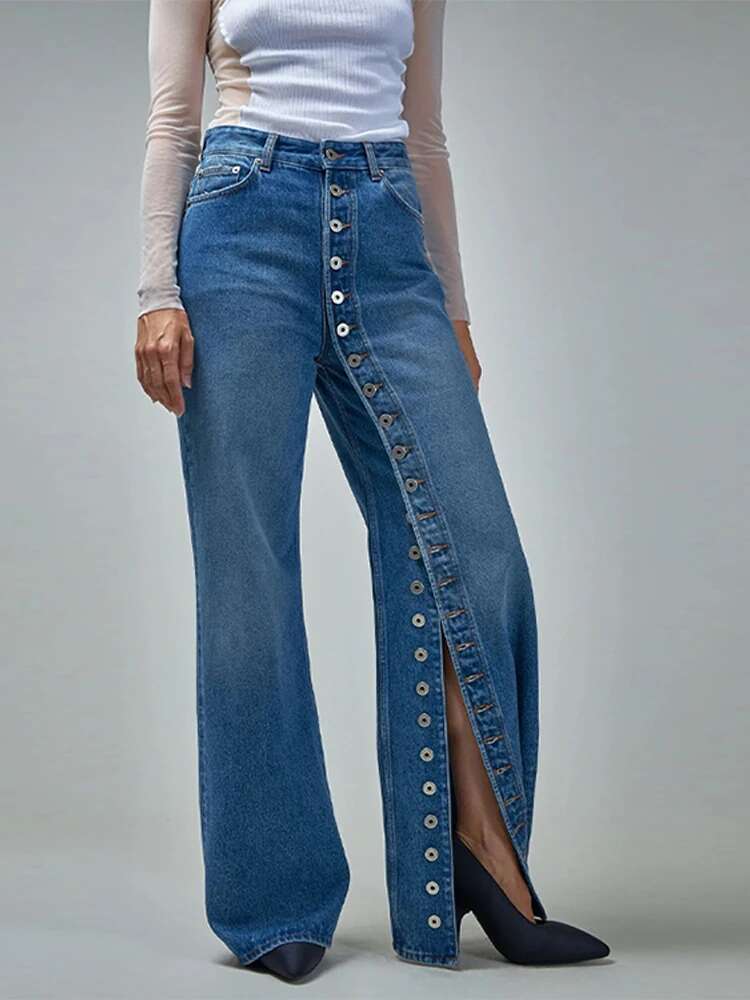 Multi-Breasted Washed Women Jeans Wide Leg High Waist Lady Pants 2025 Fashion Spring All Match Highstreet Design Female Trousers
