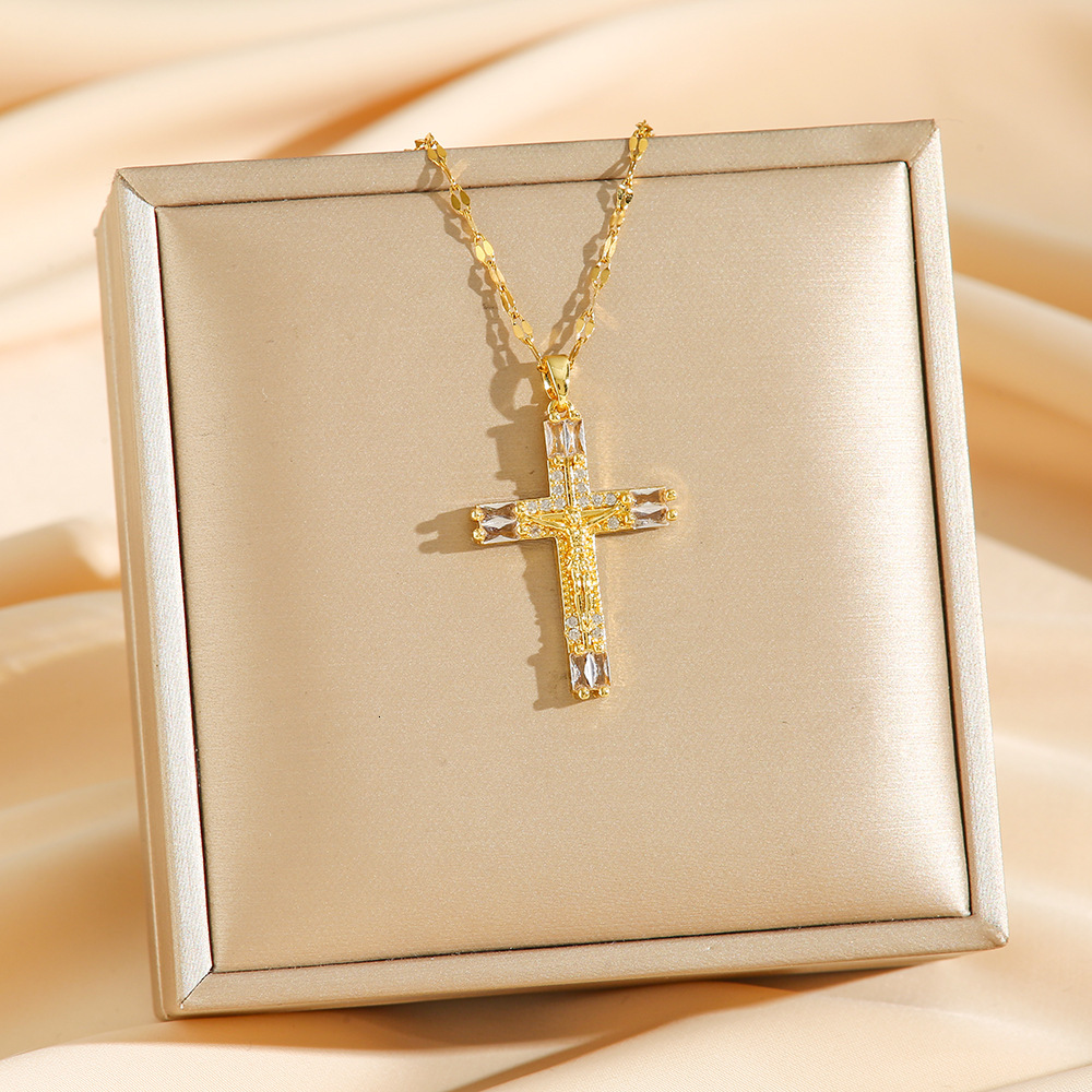 Luxury Jewelry Designer Jewelry Cross-border Trade New Virgin Mary Cross Micro Inlaid Zircon Copper Gold-plated Necklace Women's Collarbone Chain