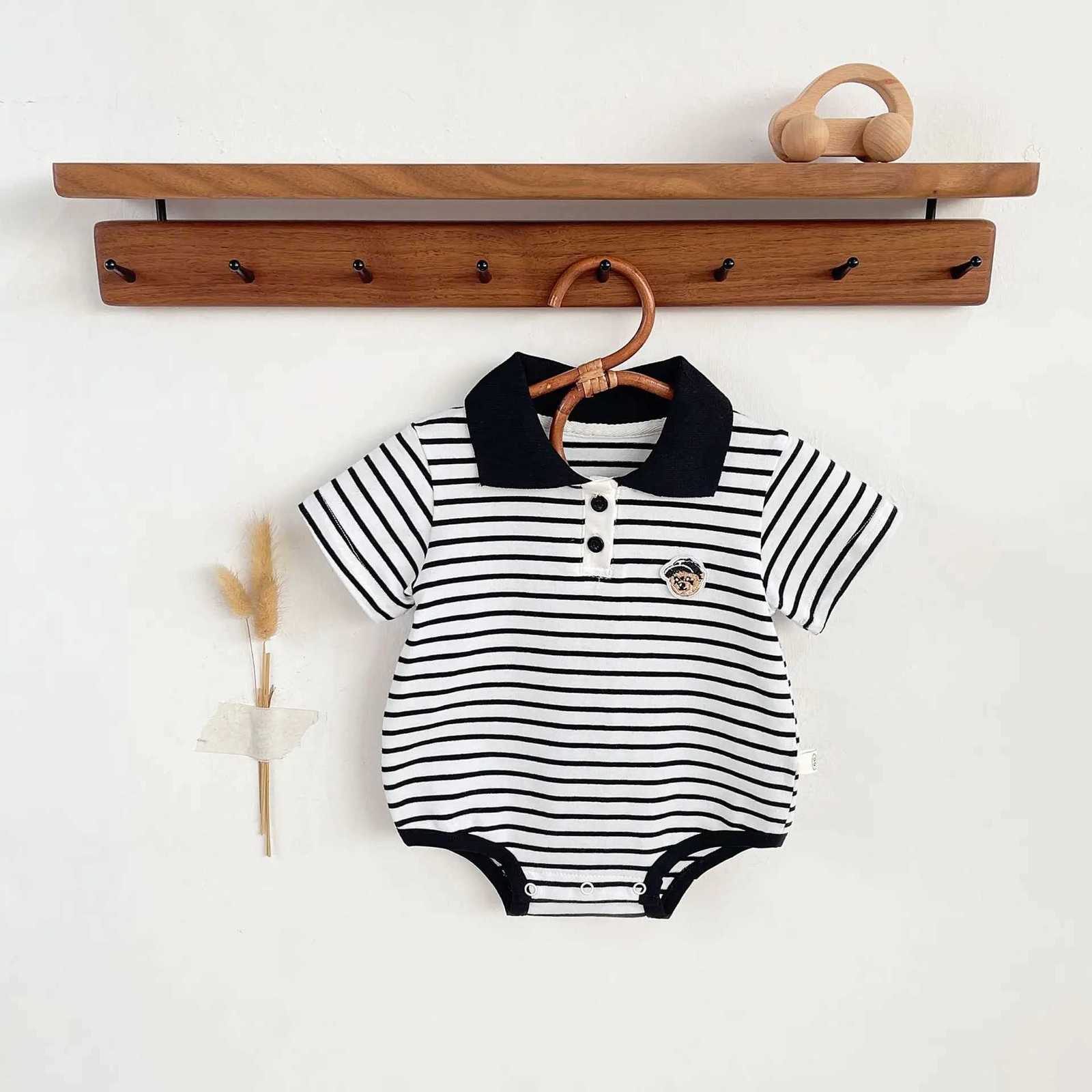 Summer Baby White Striped Bodysuits for Newborn Boys Girls Romper Onesie Cotton Short Sleeve Turn Down Collar Infant Jumpsuit Z250712