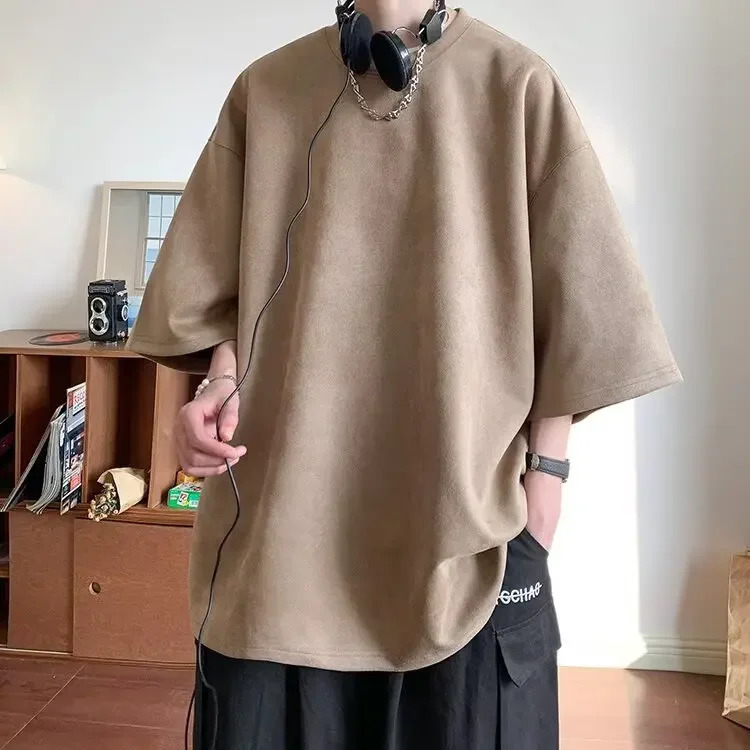 Heavyweight Suede Short Sleeve TShirt Mens Oversize Casual Loose Fit FiveQuarter Tee Summer Comfortable Male Apparel 250707